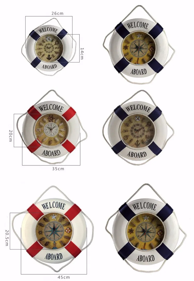 Добро пожаловать на борт спасательный круг настенные часы средиземноморская деревянная Ткань Гостиная часы магазин морской домашний декор