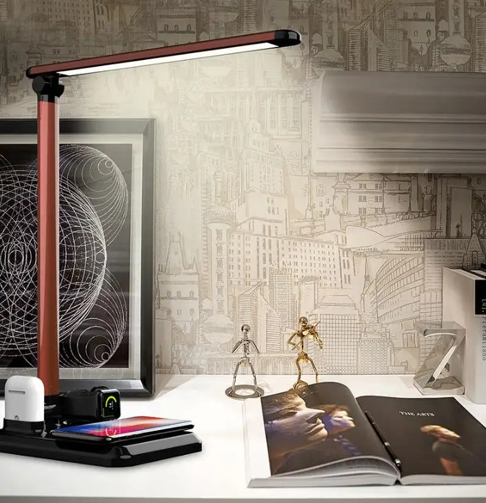 Светодиодный Настольный светильник, настольная лампа, складной, 2 цвета, температура, книжный свет, беспроводное настольное зарядное устройство, USB выход, нижняя пена