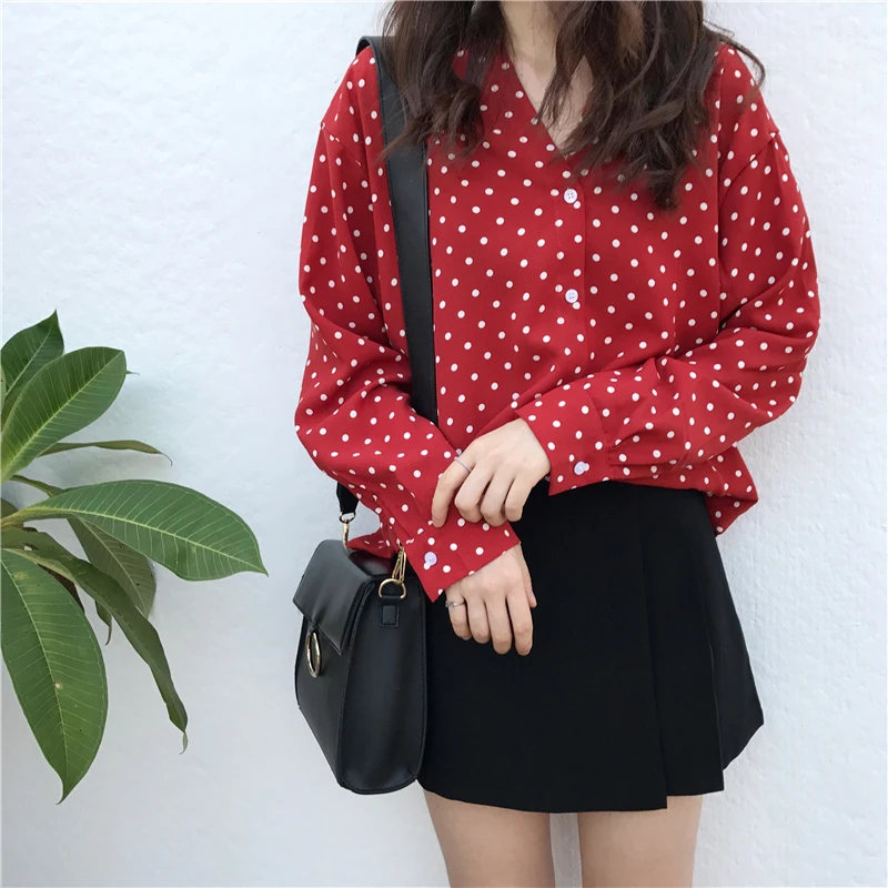 

Korean Chic Polka Dot Blouse Shirt Red Vintage Buttons V Neck Autumn Blouse Female Loose Elegant Chiffon Long Sleeve Shirt Women