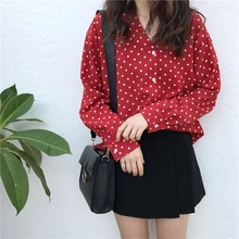 Korean Chic Polka Dot Blouse Shirt Red Vintage Buttons V Neck Autumn Blouse Female Loose Elegant Chiffon Long Sleeve Shirt Women Korean Chic Polka Dot Blouse Shirt Red Vintage Buttons V Neck Autumn Blouse Female Loose Elegant Chiffon Long Sleeve Shirt Women