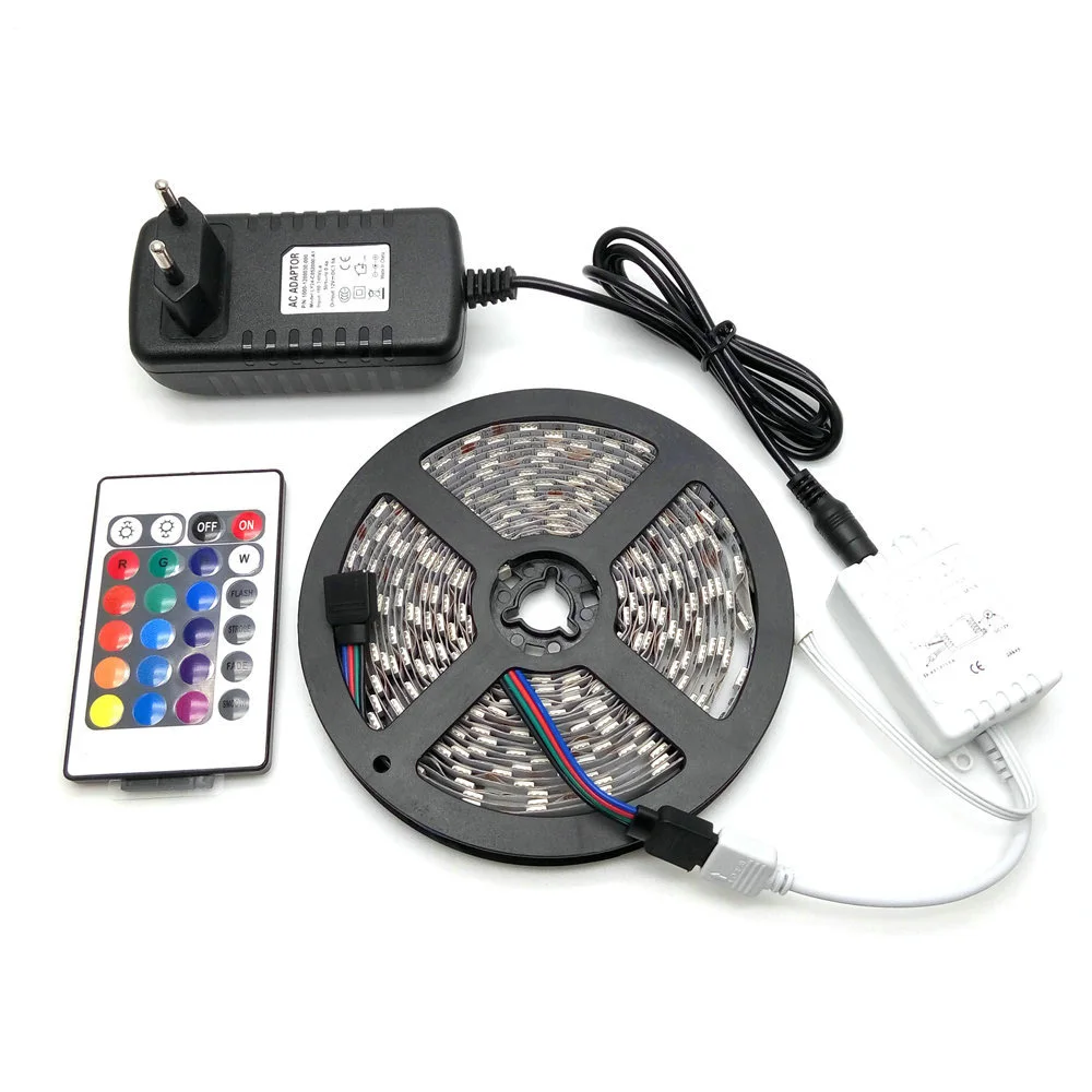 LED pásové světlo 5050 RGB 5M 300LED flexibilní pásková sada světla + dálkový ovladač 24Keys + 12V 3A napájecí adaptér