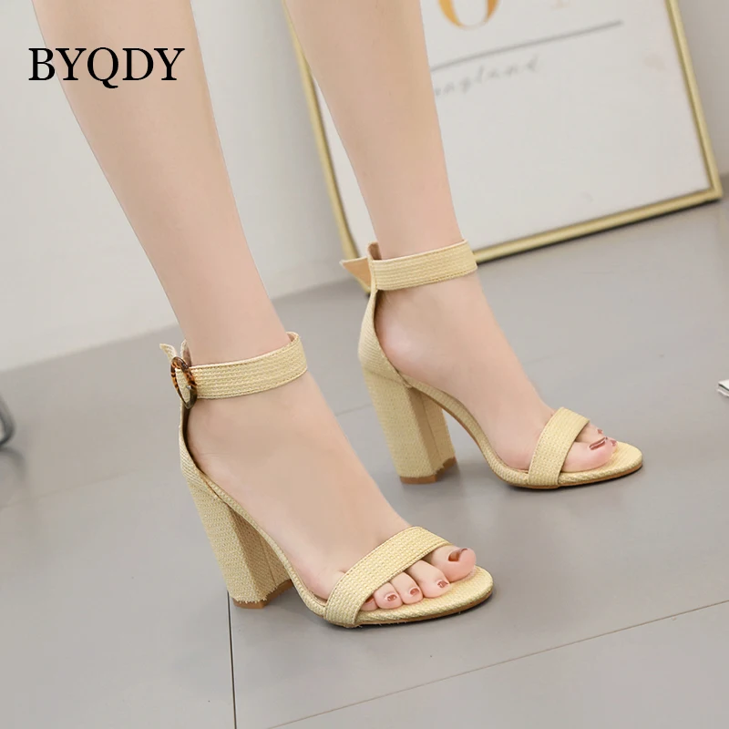 

BYQDY Women Summer Sandals Panent Leather Shoes Thick Block High Heels Ankle Strap Shoes High Heels Lady Shoe Footwear Size 40