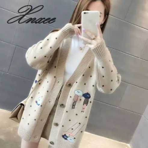 

2019 new women's long V-neck cartoon sweater cardigan women loose large size spring and autumn coat women