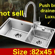 Квартиры двойной кухонный паз раковина Кнопка слив 304 нержавеющая сталь сделать блюда большая Горячая 82x45 см