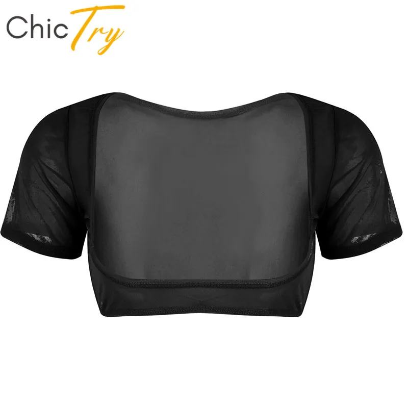 Женский прозрачный костюм для танца живота короткий топ с коротким рукавом и