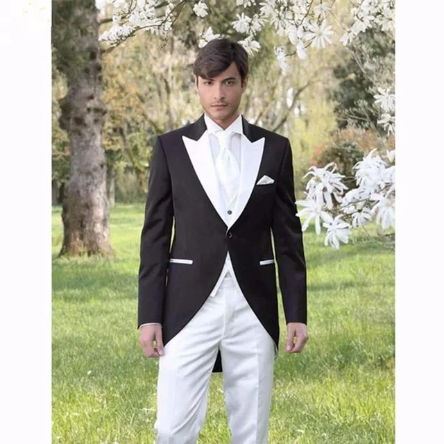 Итальянское утро Стиль джентльмен Для мужчин костюм черный и белый смокинг для жениха 3 предмета Для мужчин s свадебные костюмы для