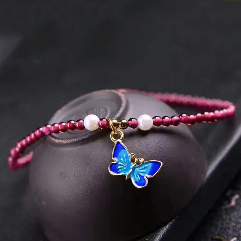 Wholesale Garnet Stone Natural Crystal Anklets With Baked Blue Butterfly Pendant Anklet Chain Women Anklet Simple Style Jewelry - Image 3