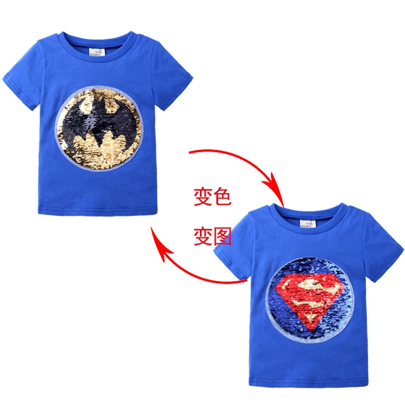 Г. Новая летняя футболка для мальчиков футболка с короткими рукавами и блестками с изображением Бэтмена и Супермена хлопковая Детская футболка с круглым вырезом, одежда для мальчиков