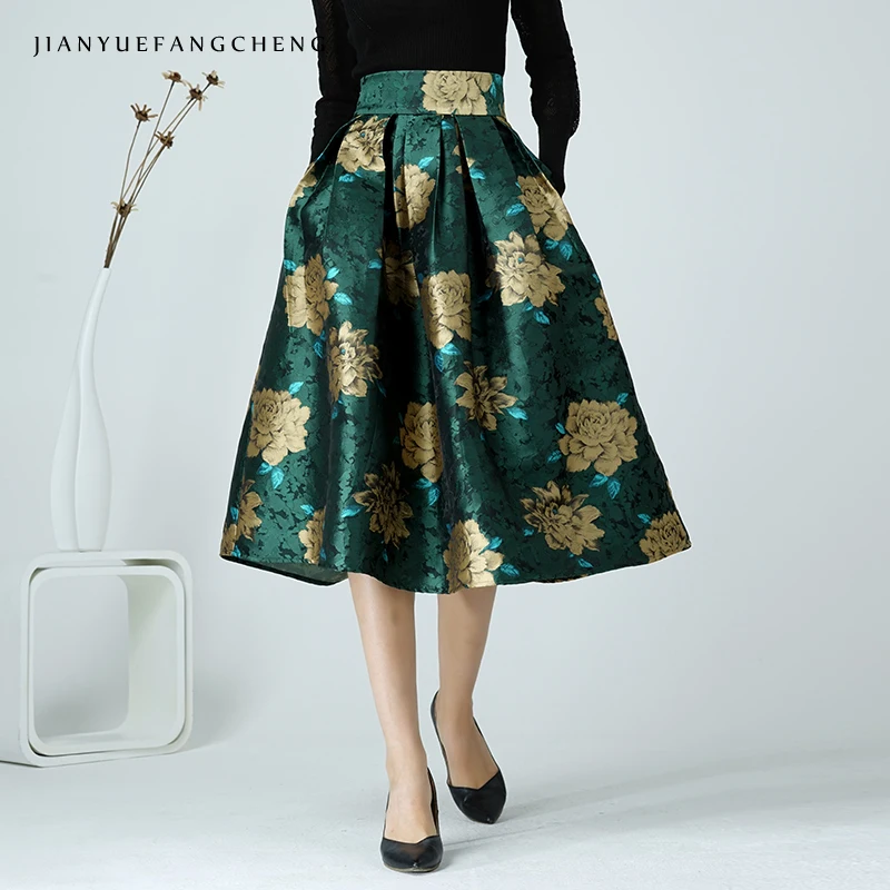 

Fall Winter Pleated Long Tutu Skirt Vintage Floral Printed High Waist A-Line Mid Calf Plus Size Ball Gown Elegant Ladies Skirts