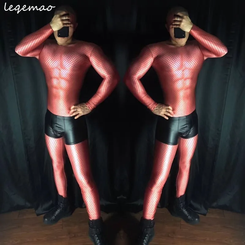 

Men Set Nightclub Male Dj Singer Party Costume Sexy Bar Dancer Pole Dancing Performance Stage Wear Red Black Mesh Stretch Leotar