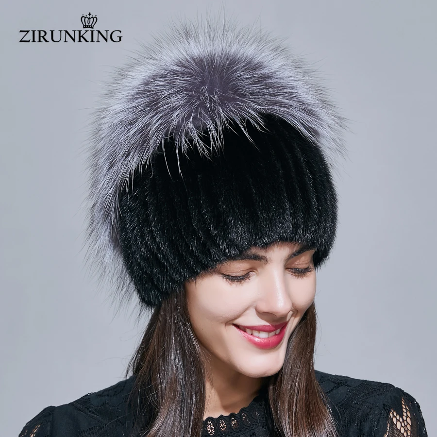 

ZIRUNKING Warm Real Fur Hats Women Mink Winter Fur Caps Female Quality Casual Beanies Luxurious Hat ZH1710