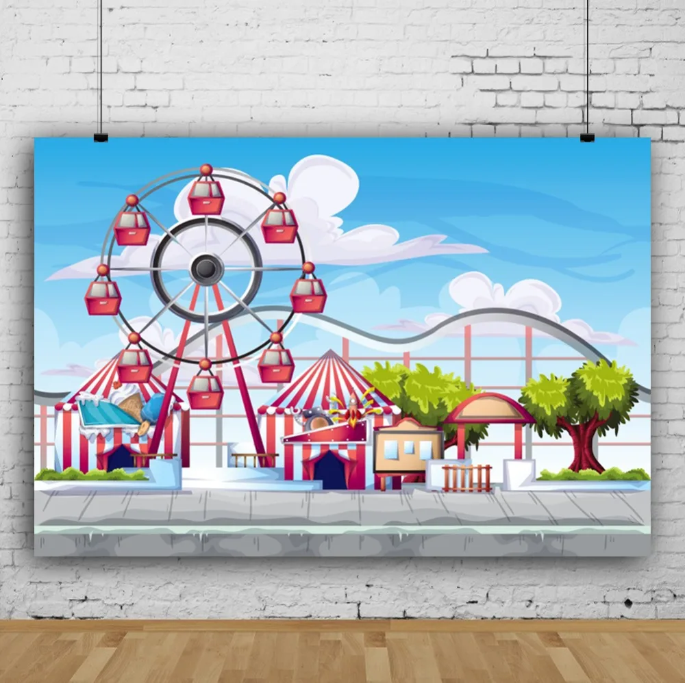 Laeacco Photo Backgrounds Baby Cartoon Playground Amusement Ferris Wheel Birthday Party Photography Backdrops For Photo Studio