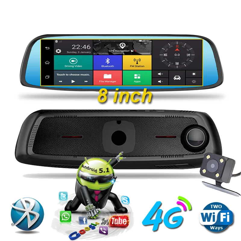 imágenes para 8 "4G Táctil IPS Cámara Del DVR Del Coche Espejo Especial GPS Bluetooth WIFI 16 GB Android 5.1 FHD 1080 p de Doble Lente Video Recorder Dash Cam imágenes para 8 "4G Táctil IPS Cámara Del DVR Del Coche Espejo Especial GPS Bluetooth WIFI 16 GB Android 5.1 FHD 1080 p de Doble Lente Video Recorder Dash Cam