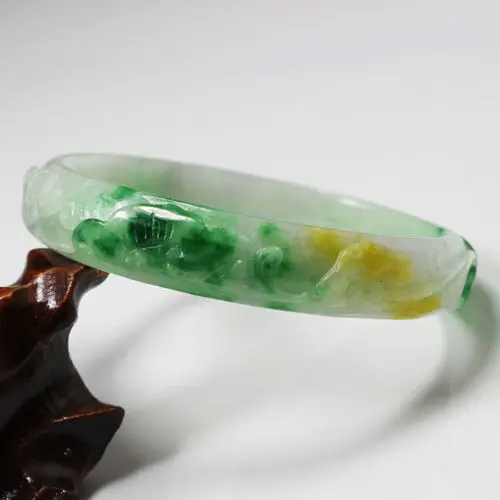 

free shipping 929 NATURAL BEAUTIFUL CHINA HAND-CARVED GREEN JADE GEMS BANGLE BRACELET