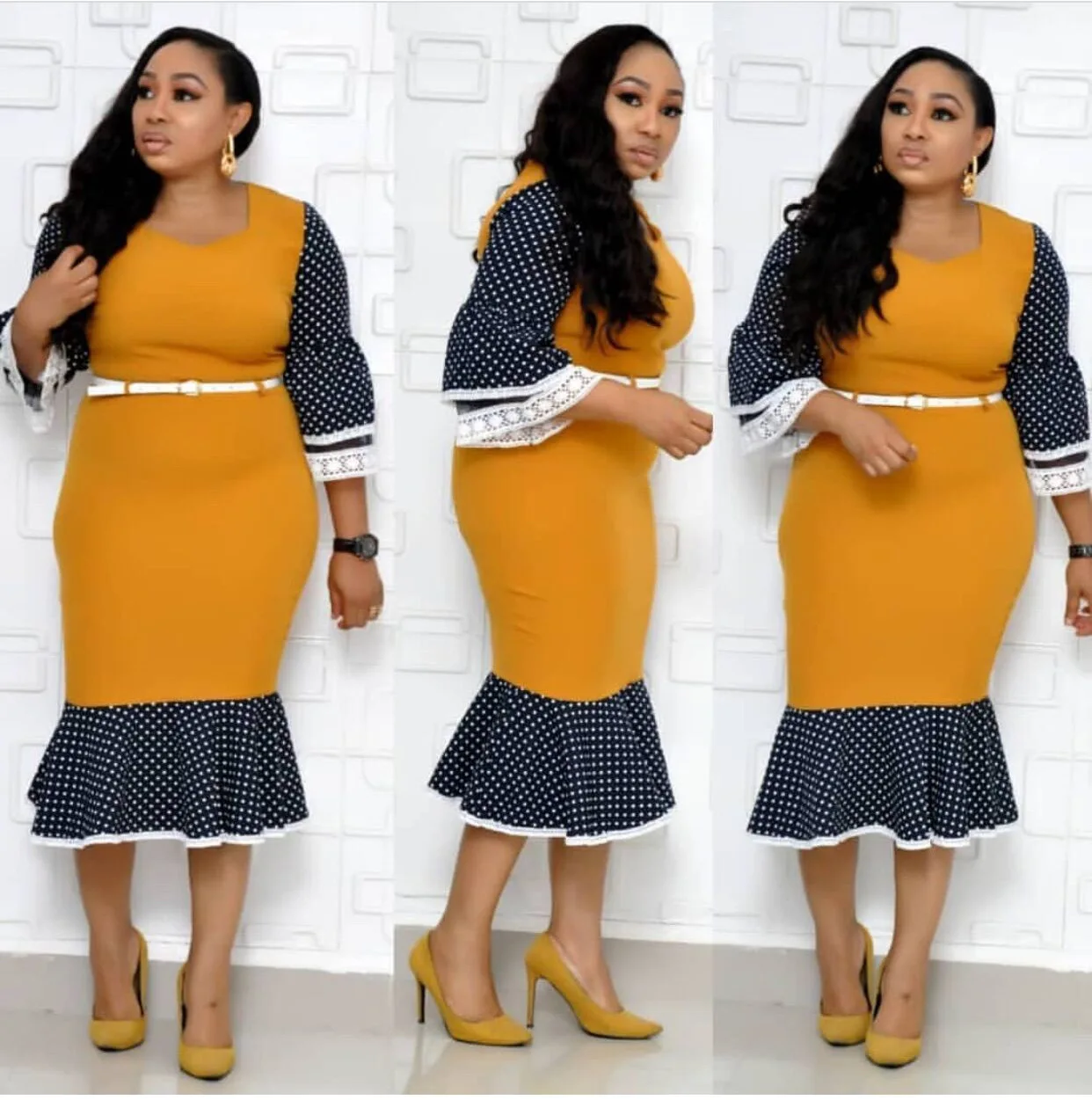 

Women Dress Modest Slim Patchwork with Waist Belt Polka Dot Flare Sleeve Africa Ladies Fashion Classy Elegant Female Summer Wear