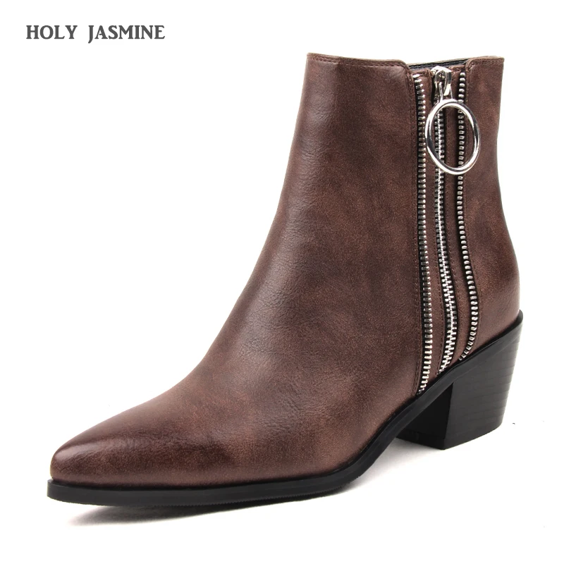 

2019 Spring Brown ankle boots for women Zipper ladies shoes fashion cowboy boots designer woman shoes Pointed Toe Square heel