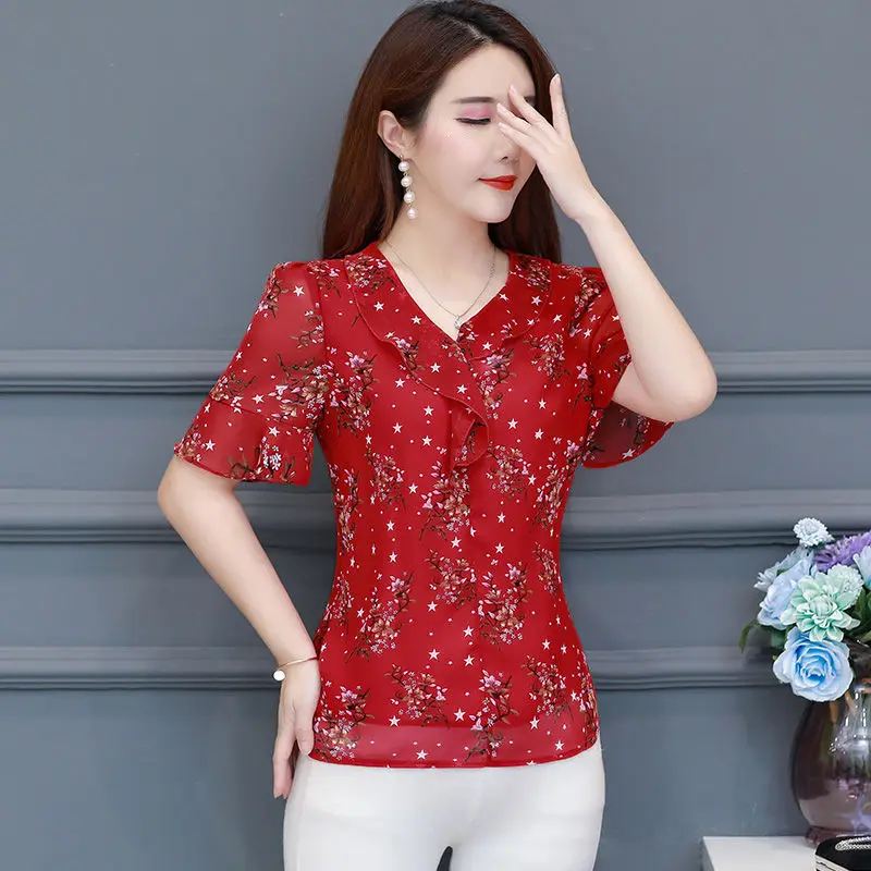 

Women Spring Summer Style Chiffon Blouses Shirts Lady Casual Short Sleeve Ruffles V-Neck Blusas Tops DF2680