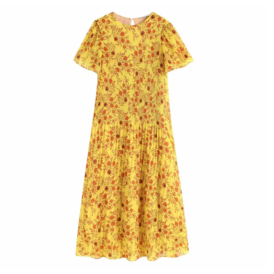 

Women Fashion Pleated Printed Dress 2019 Summer O-Neck Short Sleeve Women's Dresses Female Elegant Vintage Yellow Dress vestidos