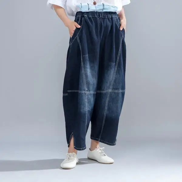 BUYKUD 2018 Summer Casual Women Light Blue Denim Jeans Lantern Pants Elastic Waist Harem Loose Ankle-Length Pants With Pockets (2)