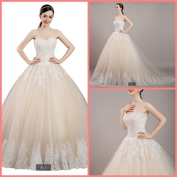 

Robe de mariage champagne lace appliques ball gown wedding dress strapless princess puffy sweetheart neck wedding gowns hot sale