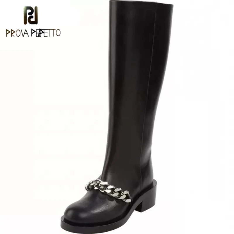 

Prova Perfetto New Chic Gold Silver Chains Black Boots Women Motorcycle Heels Boots Brand Design Zipper Travel Botas For Girls
