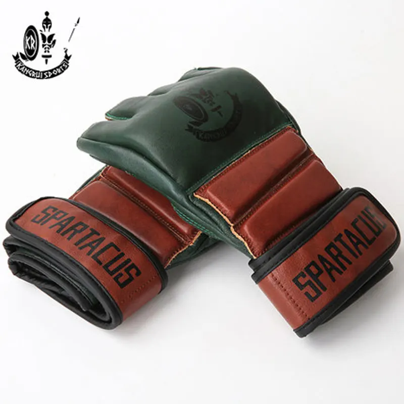 Spartan Mma Glove Half Finger Boxing Boxing Leather Handmade Printing And Dyeing Retro Brown Green L