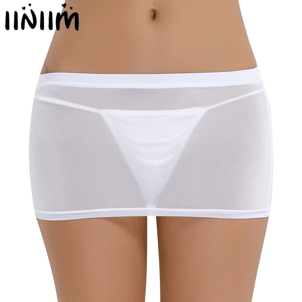 iiniim Womens Sheer Mini Skirt Party Nightwear Wetlook See-through Show Clubwear Sexy Skirts Miniskirt for Ladies Girls