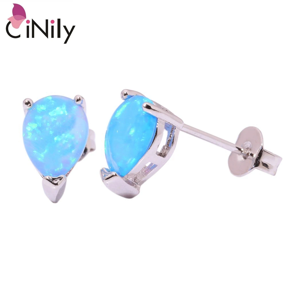 

CiNily Created Blue Fire Opal Silver Plated Wholesale Water Drop for Women Jewelry Wedding Party Stud Earrings 9mm OH2490