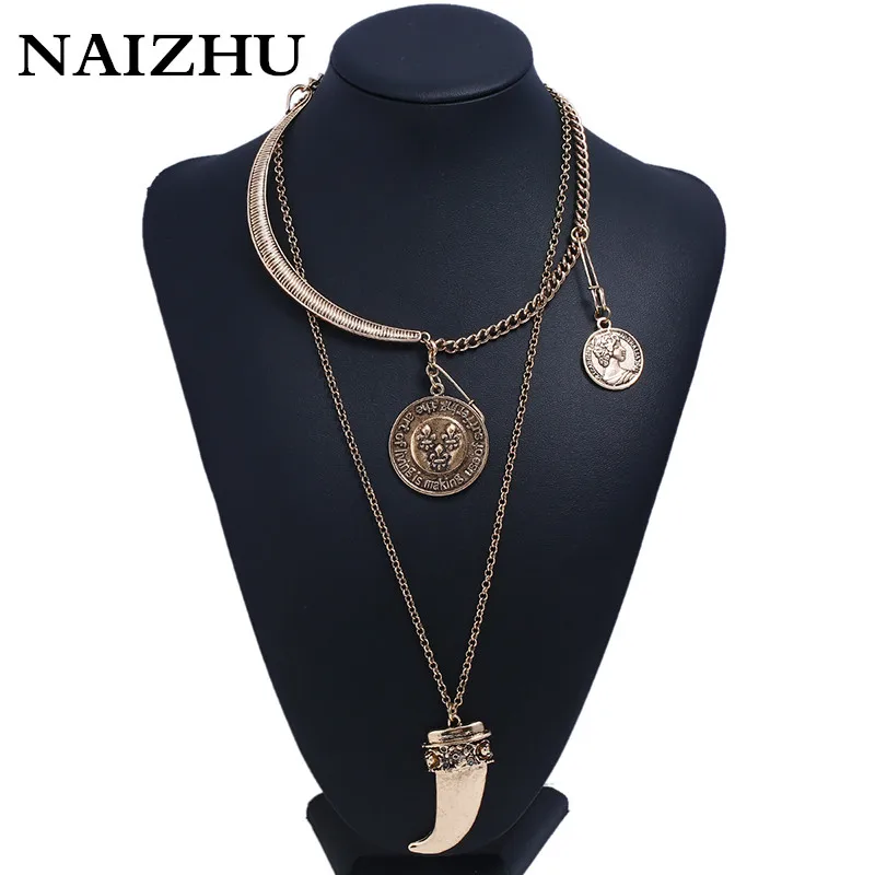 

New horn design statement Vintage gold color alloy choker necklace for women Two layers coin chain necklace boho jewelry