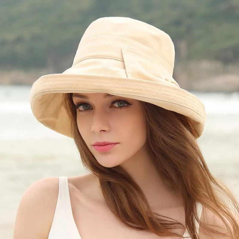 2018 New Spring Summer Women's Sun Hats Solid Color Flodable Caps Women Bucket Hats with Wide Brim Bowtie Ladies Elegant Caps 