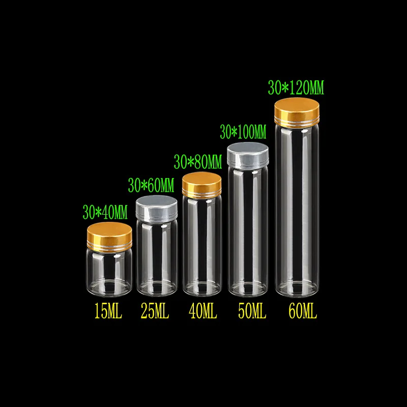 Пустые банки стеклянная бутылка с алюминиевой золотой или Серебряная винтовая крышка 15 мл 25 мл 40 мл 50 мл 60 мл герметичный ювелирный подарочный контейнер 12 шт