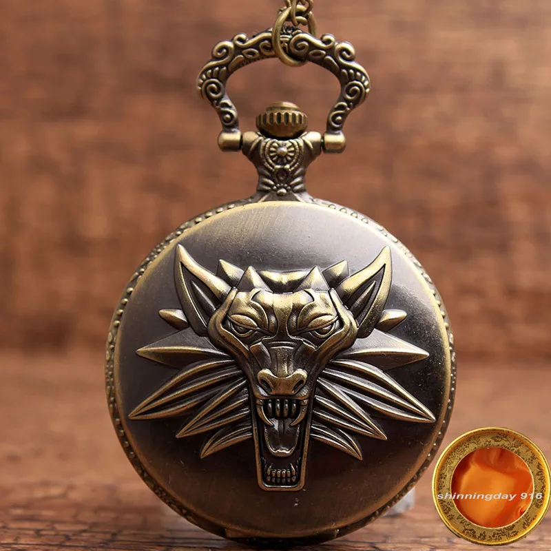 

Cool Bronze Pocket Watch The Witcher 3 Wild Hunt Black Werewolf Roman Numbers Pendant Necklace Chain Men Boy Relogio De Bolso