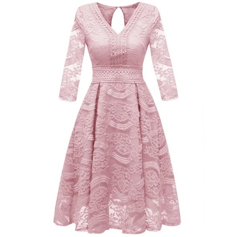 

2019 autumn and winter High quality V-neck retro lace cropped dress bow short party dresses Club Ballroom Dress nude pink blue