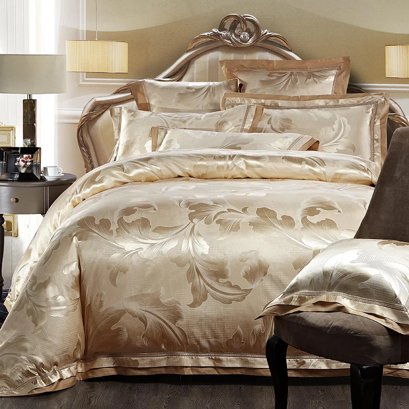 Роскошный комплект постельного белья из белого и золотистого шелка, жаккарда, королевского размера, хлопок, простыня, простыня, пододеяльник, linge de lit ropa de cama
