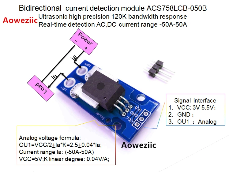 

Bidirectional Current Sensor module ACS758LCB-050B 120 kHz Bandwidth AC, DC: -50-50A 0.04V/1A