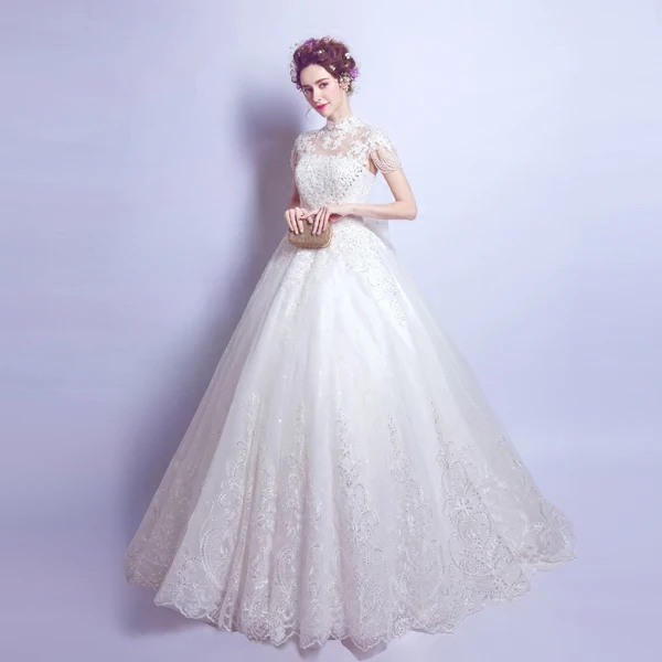 Us 1020 2017 Saham Baru Plus Ukuran Wanita Hamil Gaun Pengantin Gaun Ball Gown Putih Tinggi Collar Lengan Pendek Lace Panjang Bead 2102 Di Wedding
