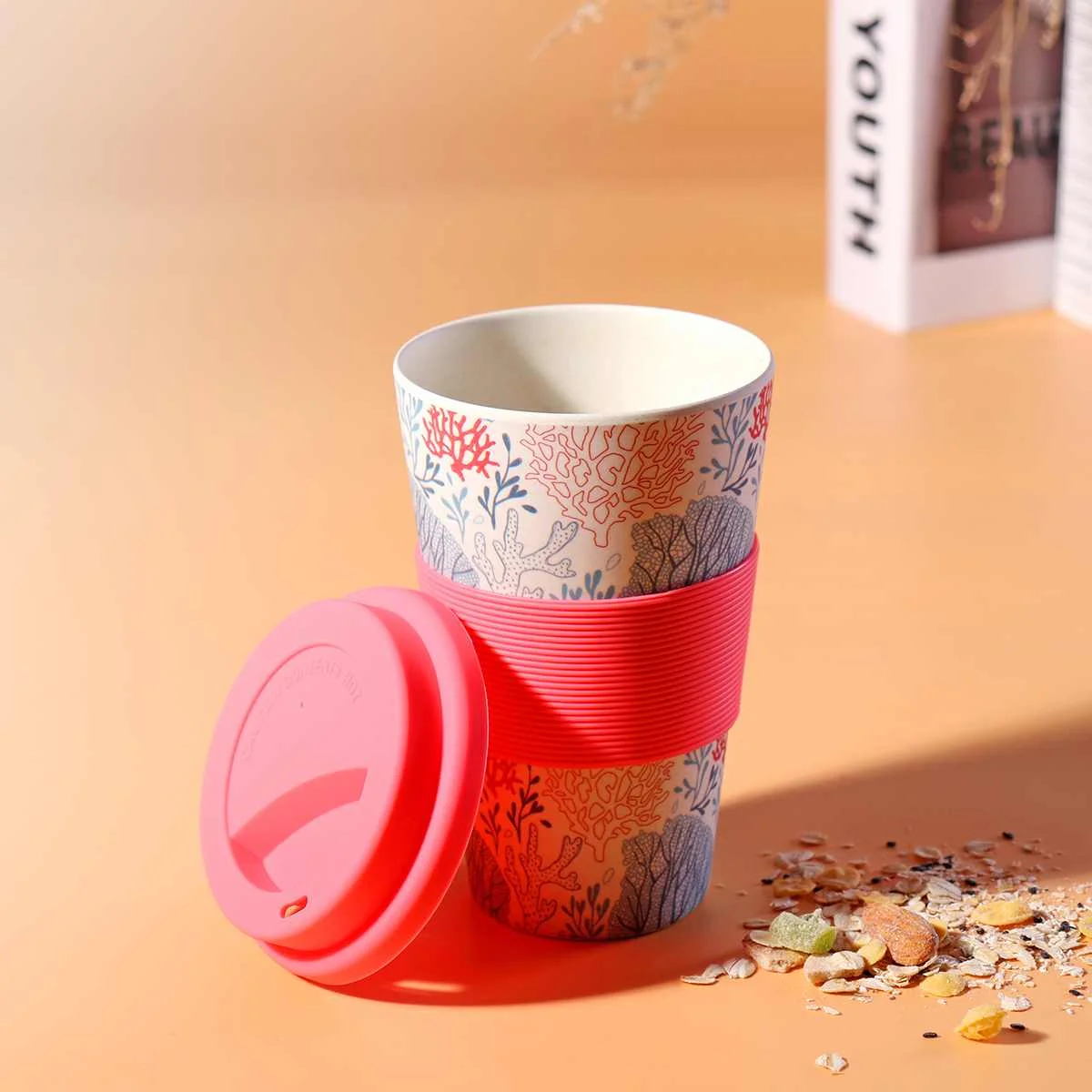 400 мл портативная красочная практическая многоразовая чашка из бамбукового волокна с силиконовой крышкой для кофе Экологичные Нескользящие кружки с принтом для путешествий