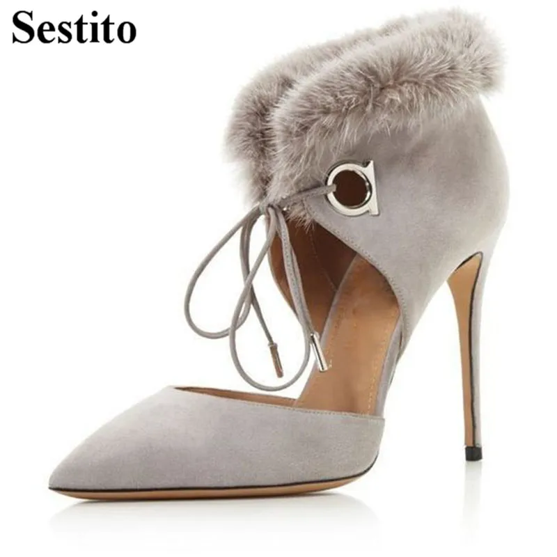 

Newest Fashion Feather Pumps Black Pointed Heels High Heels Party Women Pumps Thin Heels Lace-up Women Shoes Spring/Autumn