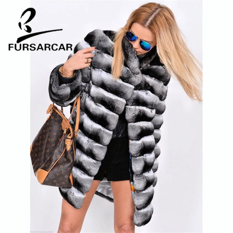 Женское меховое пальто FURSARCAR теплая куртка с мехом кролика Рекс и меховым