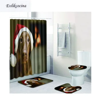 

Free Shipping 4pcs Dog Red Santa Hat Banyo Paspas Bathroom Carpet Toilet Bath Mat Set Non Slip Tapis Salle De Bain Alfombra Bano