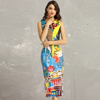 

High quality 2019 designer fashion summer dress Women's Sleeveless Vintage Print Diamonds Beaded Deluxe Bodycon Mid-Calf Dress