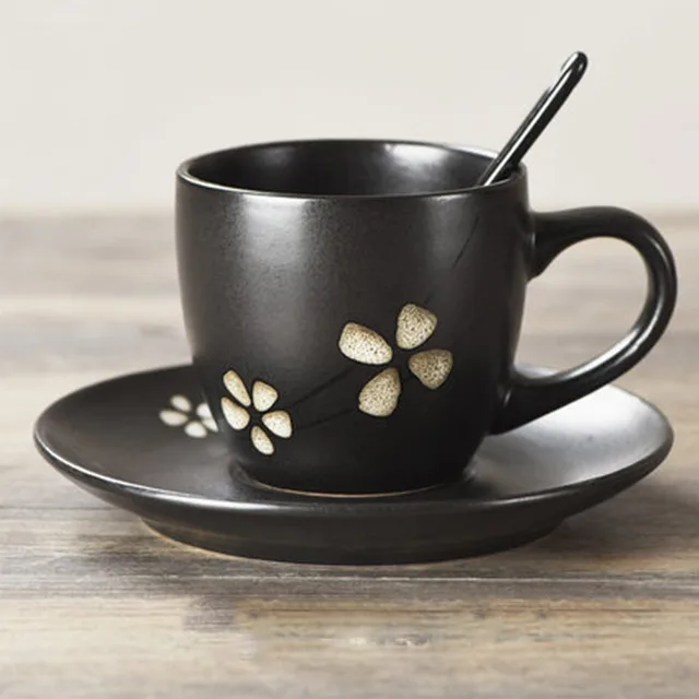 WOURMTH 250ML Black Japanese style Ceramic Tea Cup Set Coffee Cup And