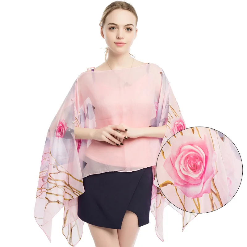 

Creative pearl buckle silk scarf female beach scarf New printed chiffon sunscreen shawl