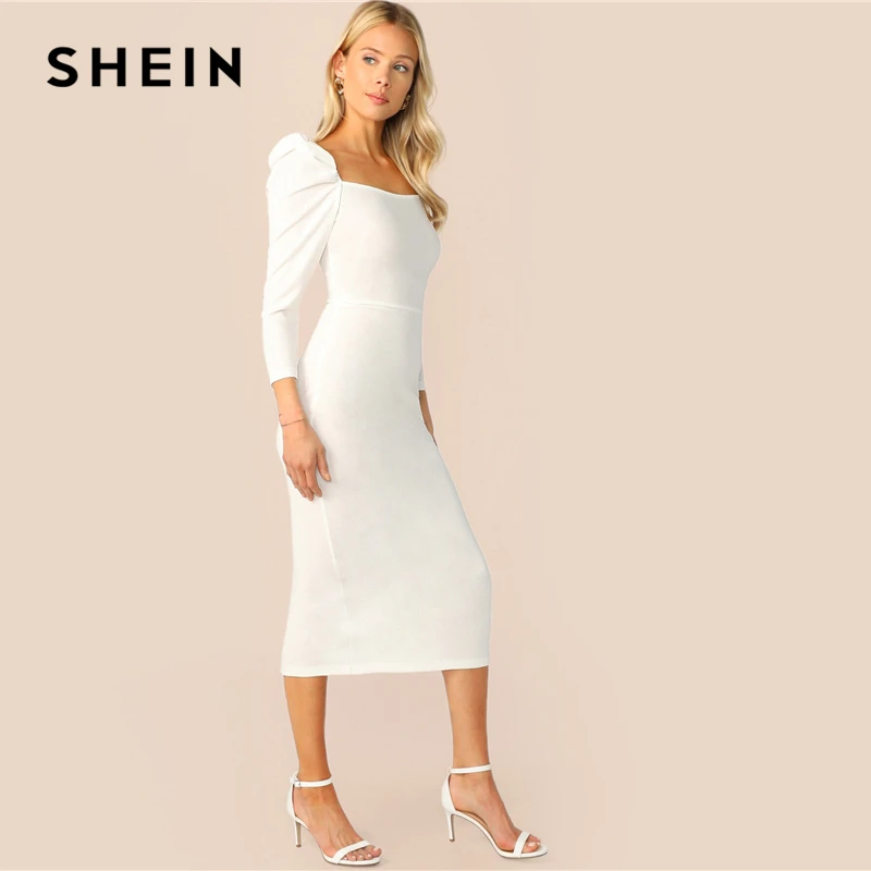 SHEIN Gigot كم سبليت عودة قلم رصاص اللباس الأبيض أنيقة ساحة الرقبة سستة ضئيلة النساء اللباس الربيع الخريف الصلبة Bodycon اللباس