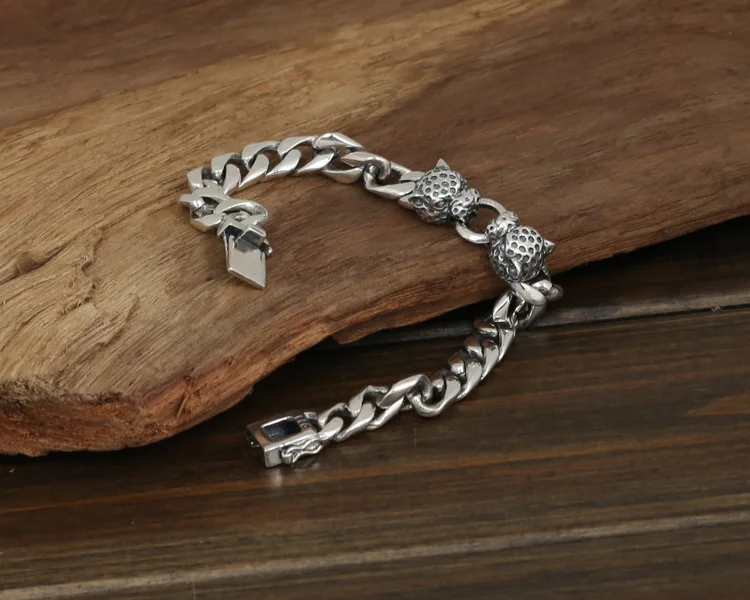 Ручной работы 925 Серебряный Леопардовый Браслет винтажный тайский Серебристый браслет-цепочка браслет в стиле "панк" мужской ювелирный подарок