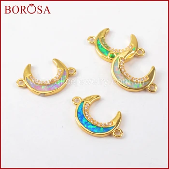 

BOROSA Mixed Color Druzy Connector Pendant for Women,CZ Micro Pave Crescent Manmade Opal Connector for Bracelet WX553