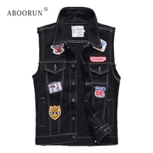 ABOORUN мужской модный джинсовый жилет, черный жилет с заплатками размера плюс 5XL, Мужской приталенный жилет без рукавов YC1341