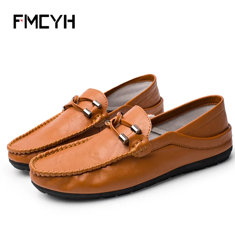 FMCYH Casual Men Flat Shoes Moccasin Soft Leather Men's Loafers Fashion Solid Breathable Slip On