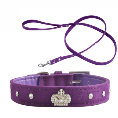 4 цвета материал регулируемое Ожерелье Стразы ошейник для питомца кошки собаки короны мягкий бархатный поводок и ошейник набор XS s m l - Цвет: Фиолетовый