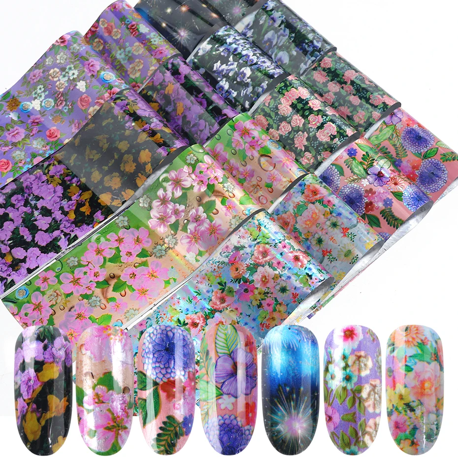 

16pcs Colorful Flowers Nail Foils Stickers Adhesive Holographic Transfer Starry Paper Decals Summer Floral Wraps Decor Tip LA795